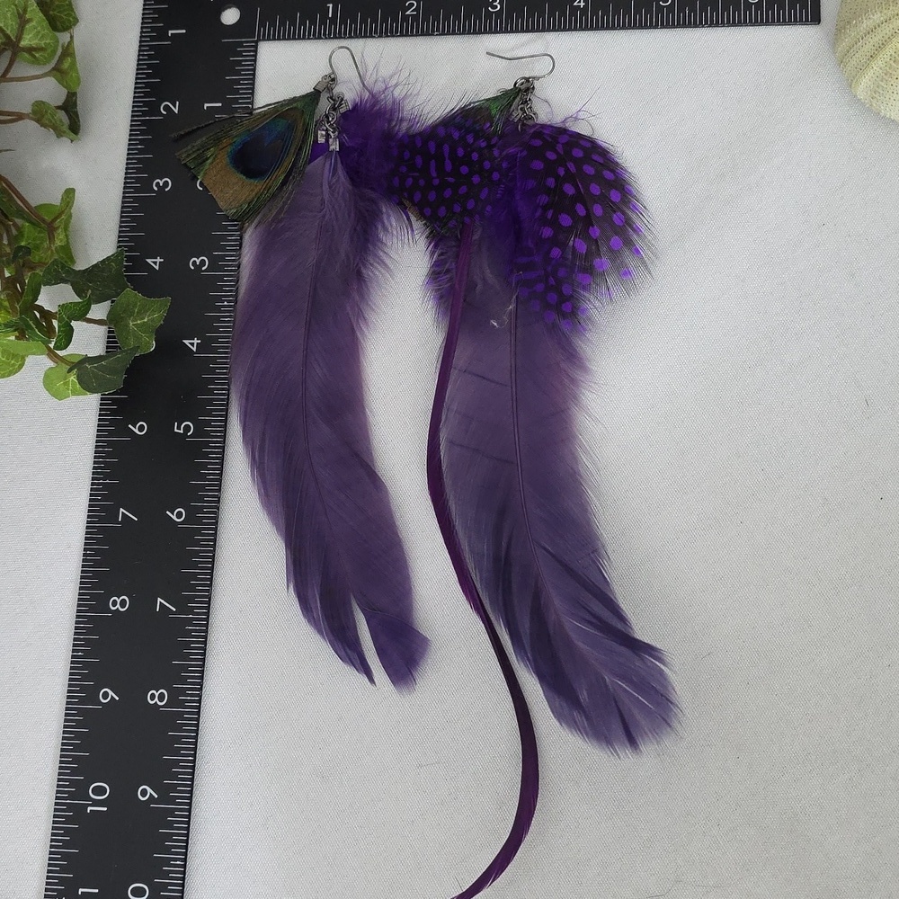 Boho Long Purple Real Feather Earrings - Picture 7 of 7